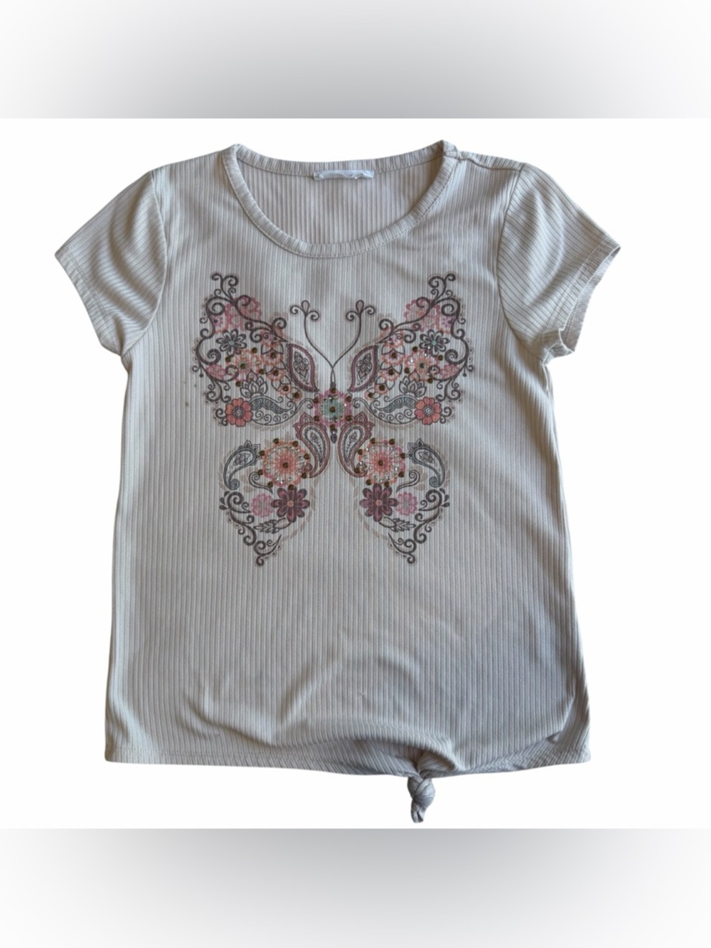 Beautees Cream Tee with Pink Butterfly Accent